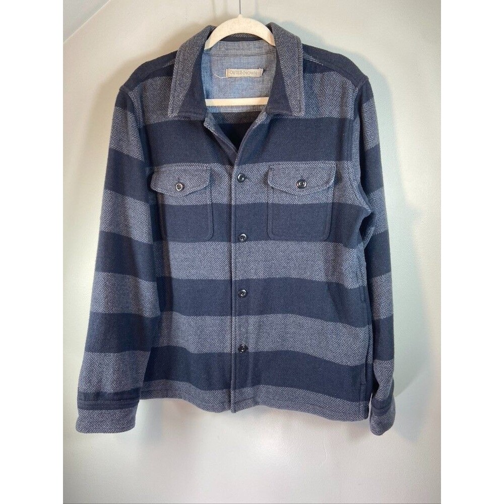 OUTERKNOWN MENS WOOL BLEND LARGE SHACKET BLUE STRIPES BUTTON DOWN